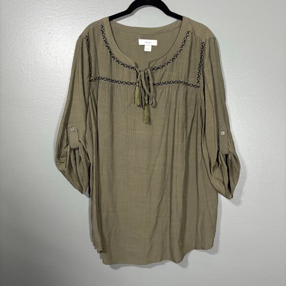 CJ Banks Gray Boho Embroidered Peasant Blouse - Size 1X - Women's Plus Size Top - Picture 1 of 8